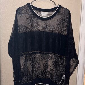 DKNY Blue Sheer Lace Top with Gold Accent Stitching